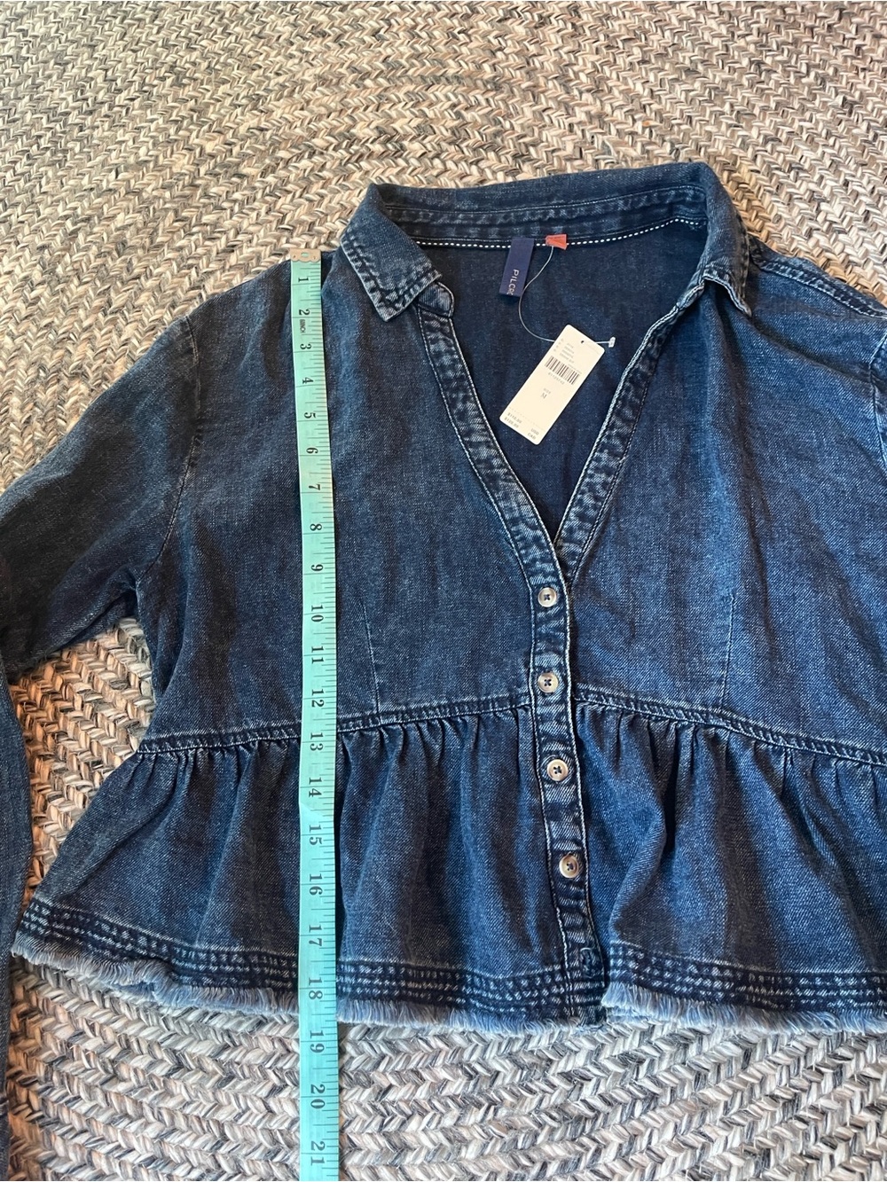 Anthropologie Dark Blue Denim Peplum Button-Down Shirt - Picture 7 of 7